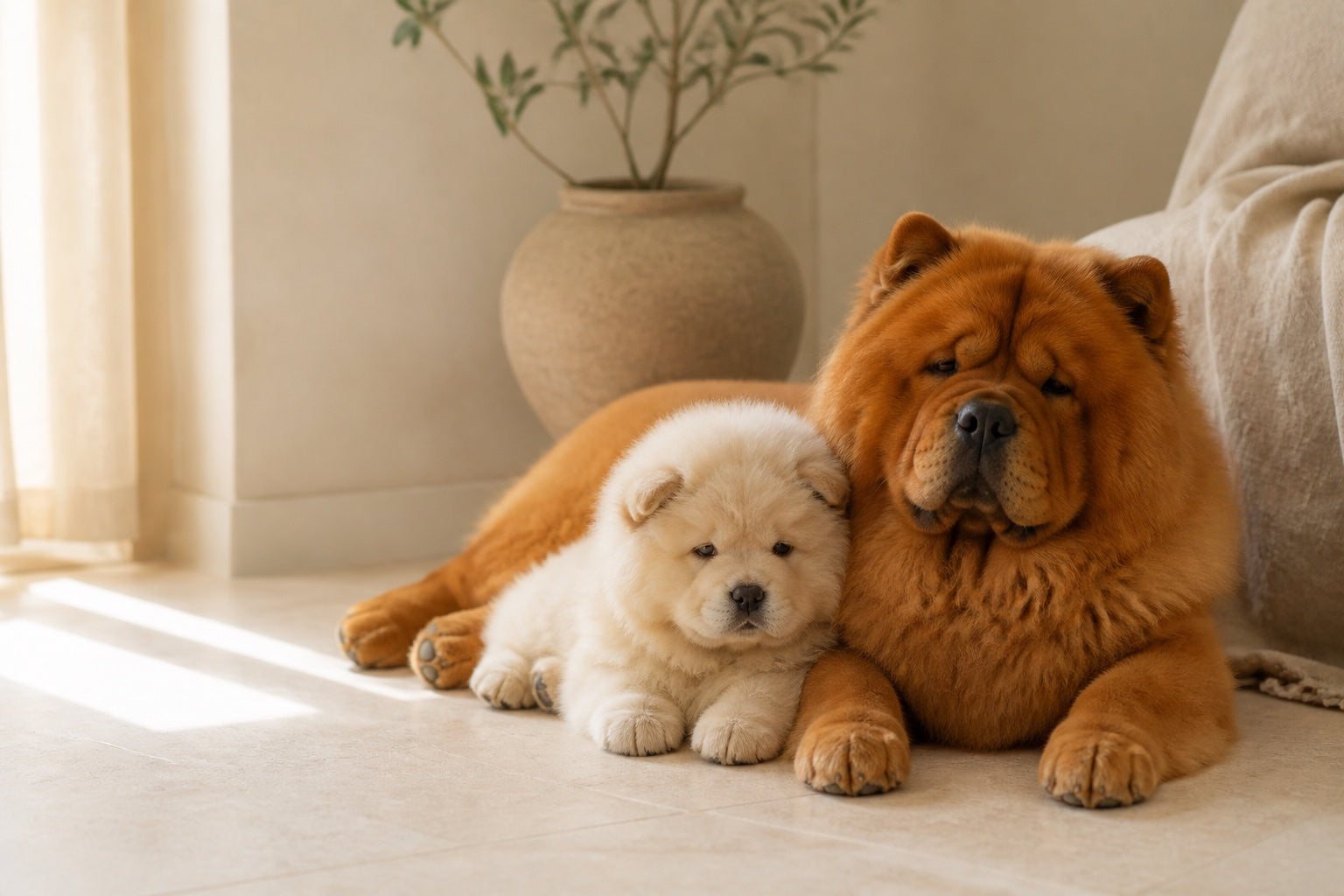 A Chow Chow adult resting with a Chow Chow puppy