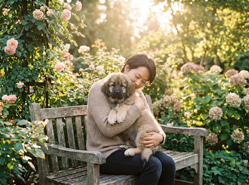 A warm lifestyle photograph of a person gently hugging a Chinese Pastoral Dog (Tu Song) puppy in a lush green garden.