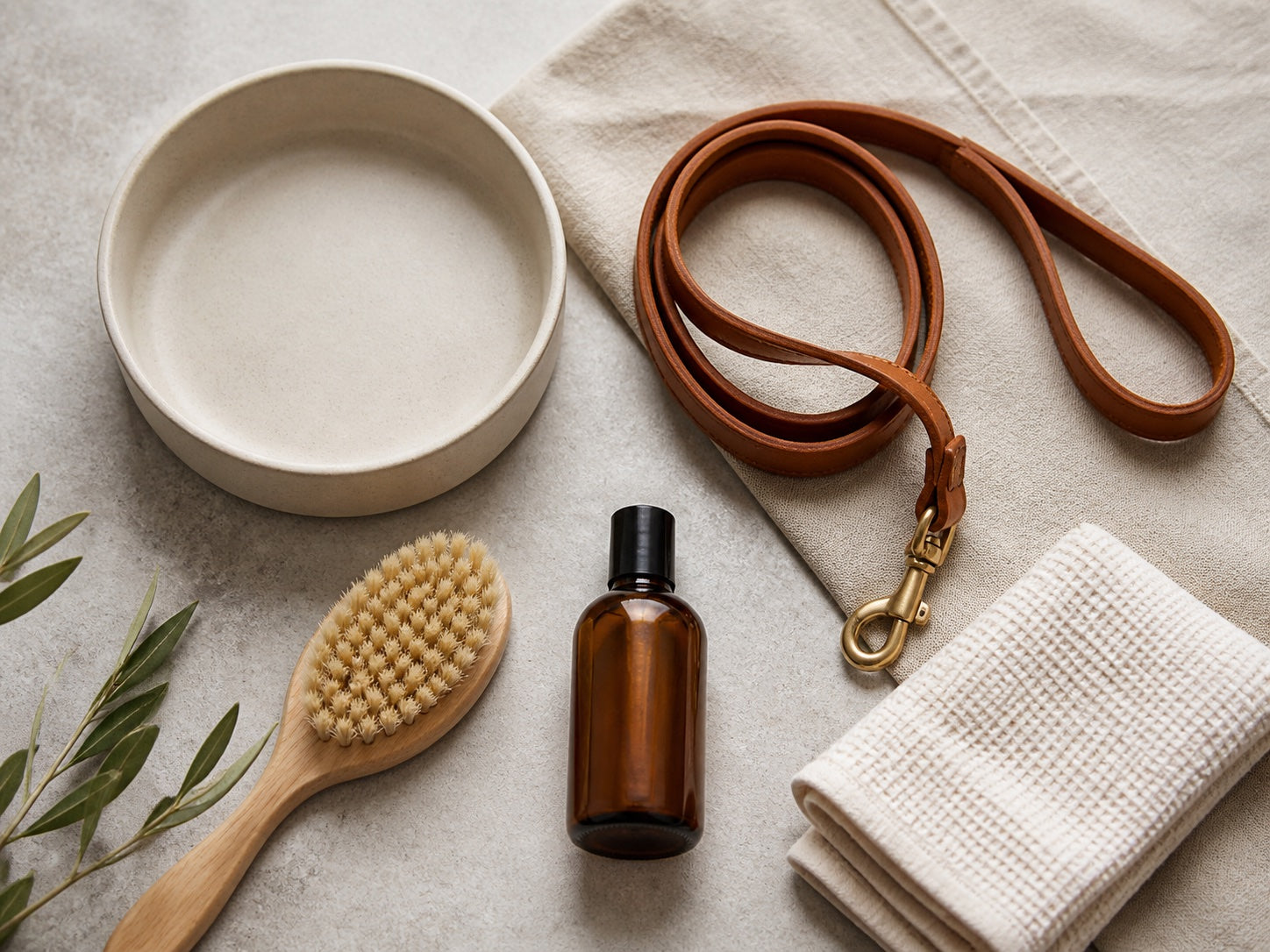 A ceramic bowl, leather leash, grooming brush, and pet care essentials